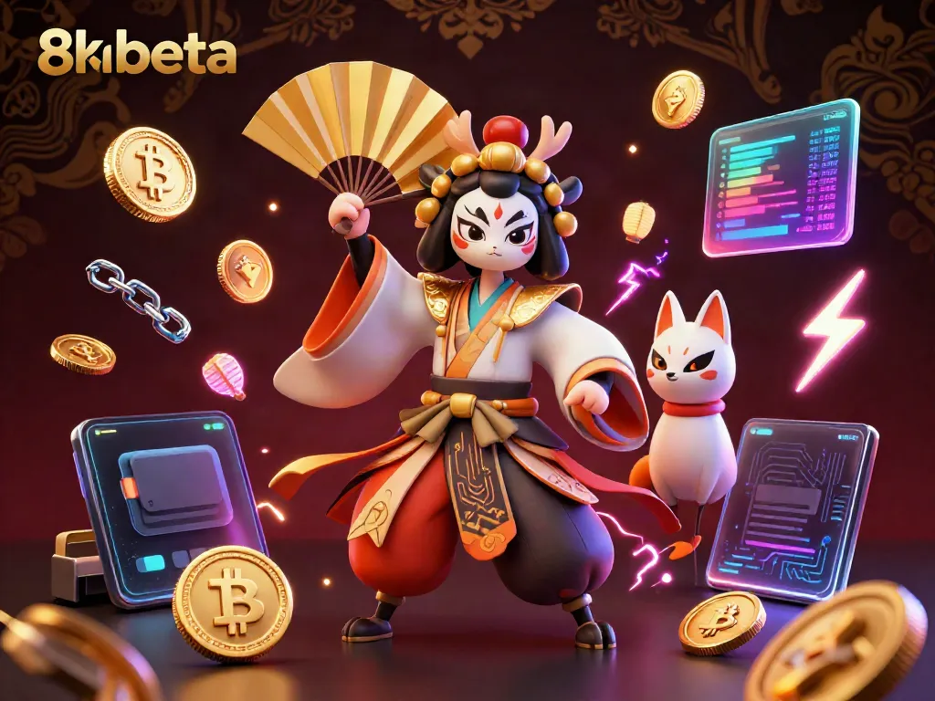 Engage with thrilling features of 8xbeta showcasing a kabuki warrior amid neon cryptocurrency elements for an exciting gambling experience.