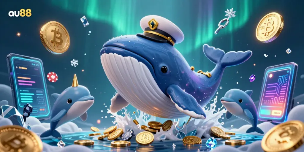 Experience the vibrant world of au88 with a 3D cartoon whale and playful dolphins among coins and crypto elements.