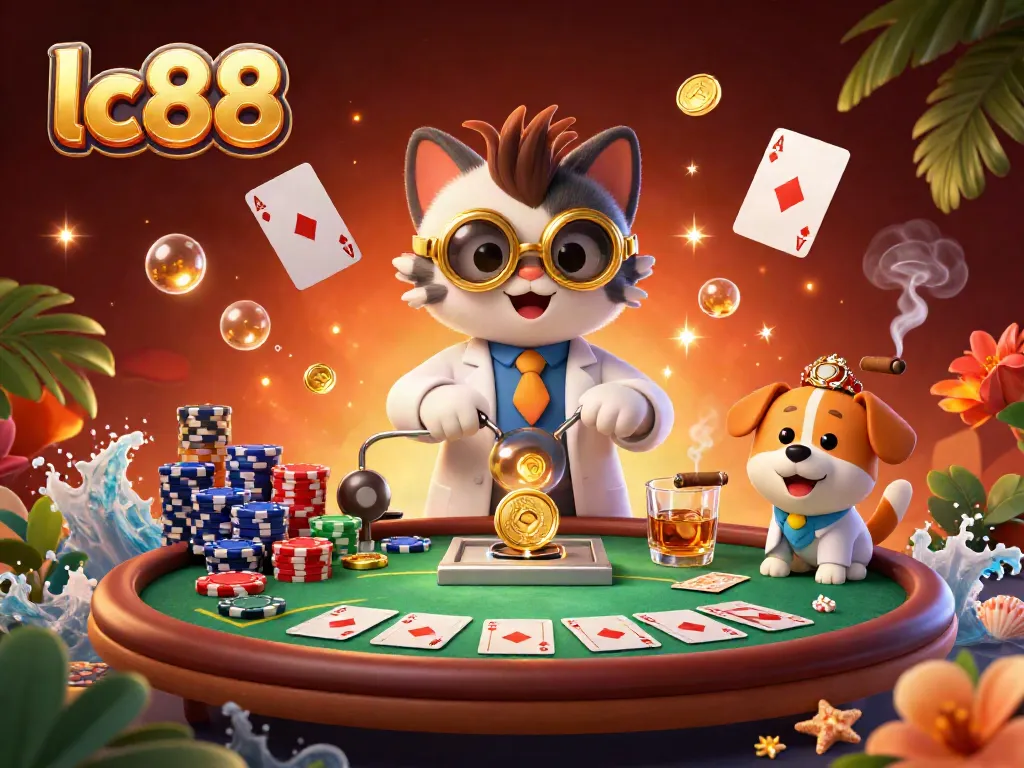 Engage with lc88's vibrant casino scene featuring a mad scientist cat and assistant amid gold-coin magic.