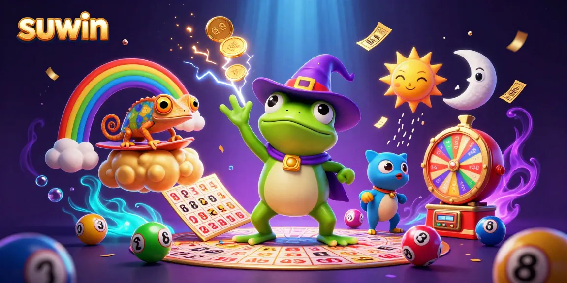 Suwin jackpot excitement unfolds as a wizard frog conjures golden coins amid vibrant casino elements.