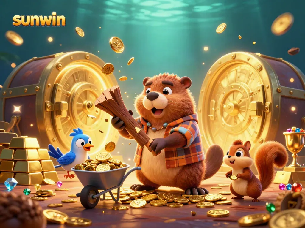 Experience winning at sunwin with golden coins raining from a tree amid dazzling treasures and vibrant 3D characters.