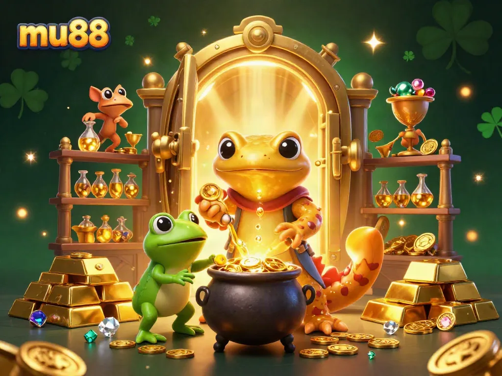 Engage in mu88 casino action with a golden alchemist and treasures in a vibrant laboratory scene.