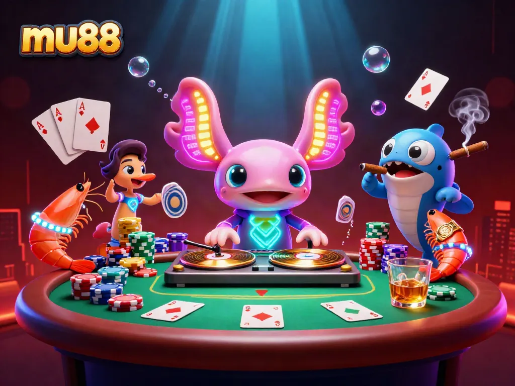 Experience high-energy gambling with mu88 as an axolotl DJ entertains dancers in a vibrant underwater casino scene.