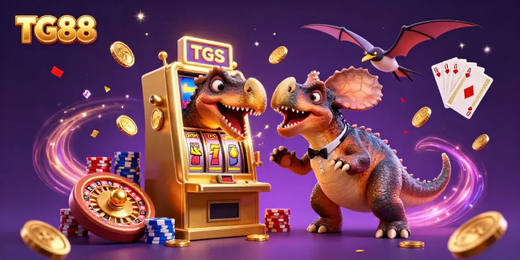 A cartoon pachycephalosaurus triggering a jackpot at TG88's golden slot machine amid flying coins and vibrant casino elements.