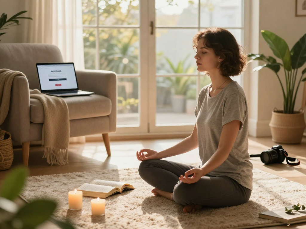 Person meditating in a serene space while using rokok88 login on a laptop.