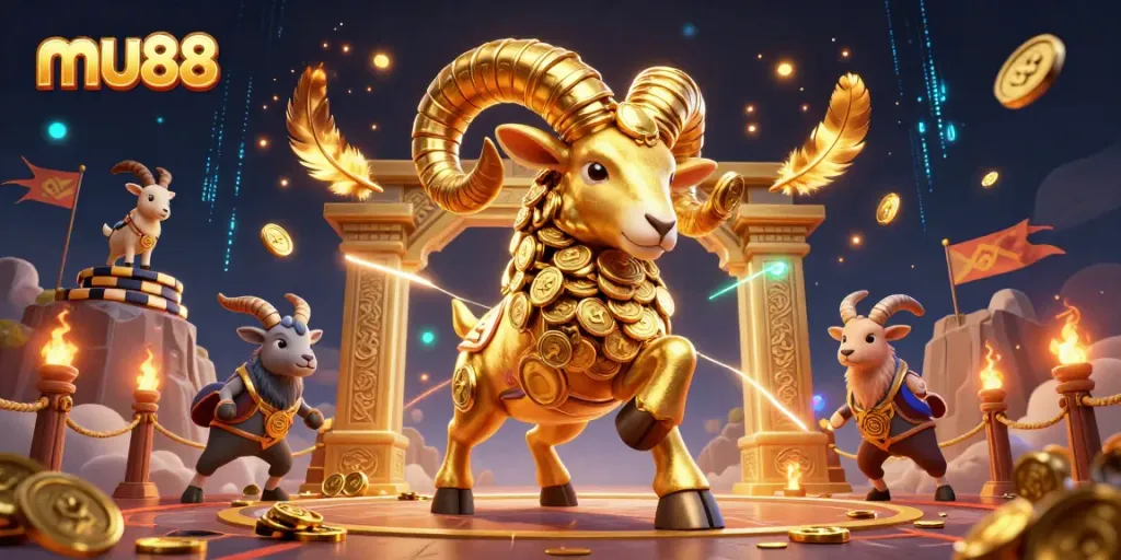 Experience thrilling gameplay at mu88 with a golden ram charging through a dazzling 3D casino arena.