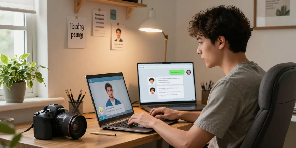 Engaging conversation with crush on ai chatbot in a modern home office setting, featuring sleek design and warm ambiance.